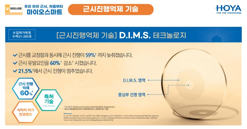 마이오스마트 D.I.M.S. 테크놀로지 - 근시 진행 59% 지연, 근시 유발요인 60% 감소 임상 결과