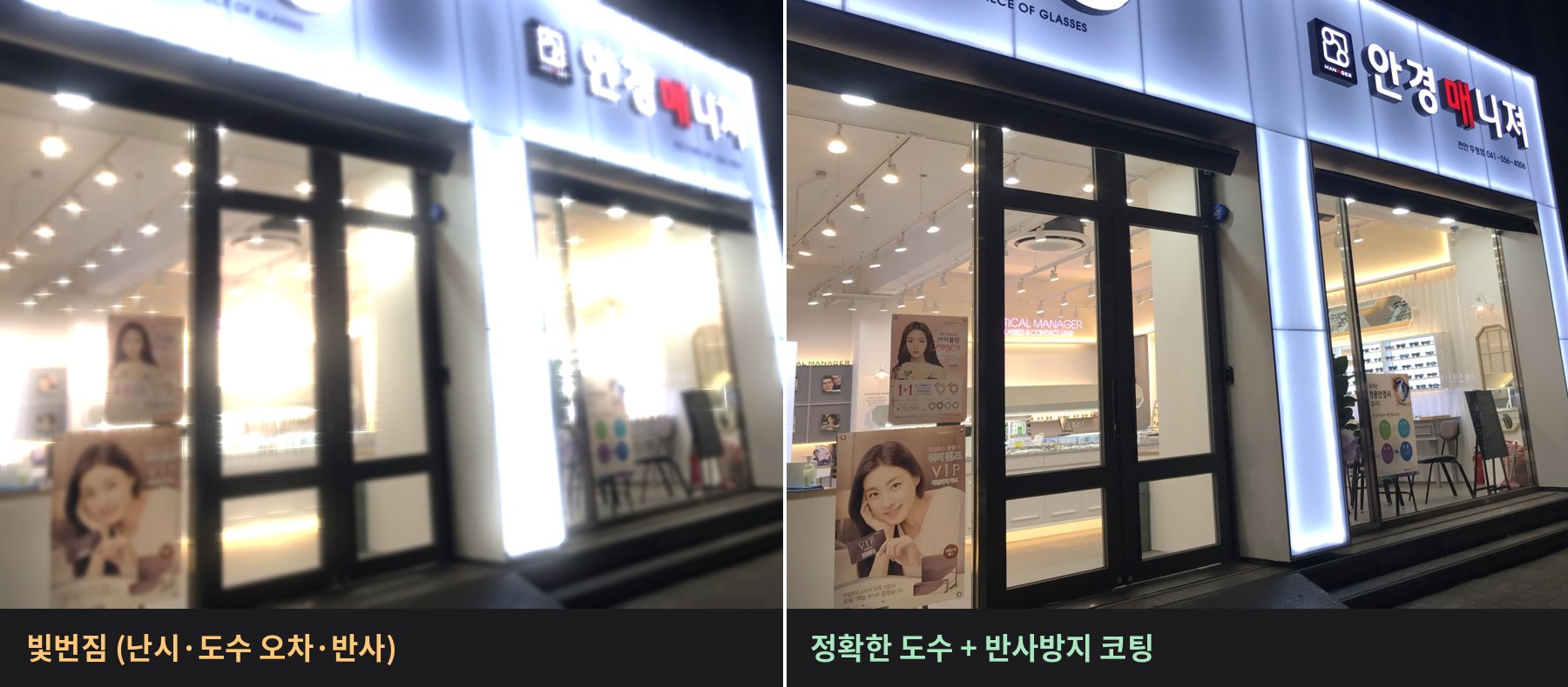 두정동 야간운전안경 빛번짐 비교 — 난시·도수 오차 시 번짐과 반사방지 코팅 렌즈 착용 시 모습